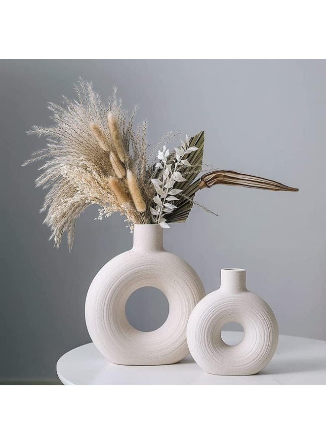 White Ceramic Vase for Home Decor, Set of 2 Round Pampas Flower Vase, Minimalist Boho Style Centerpiece Vases for Wedding Dinner Table Party Living Room Office Bedroom