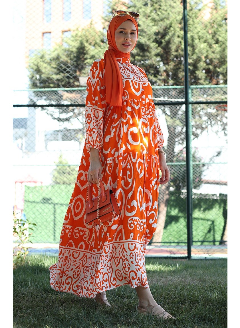 Sefa Merve - Patterned Viscose Dress 81875-02 Orange - Image 1
