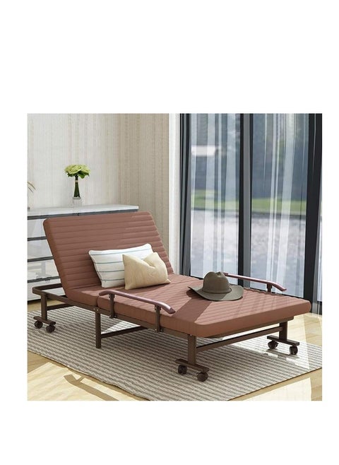 Folding Bed with Comfortable Mattress and Wheels Portable Foldable Beds Metal Frame Adjustable Back Multiuse Single Rollaway Beds for Home Office and Hospital (Coffee)