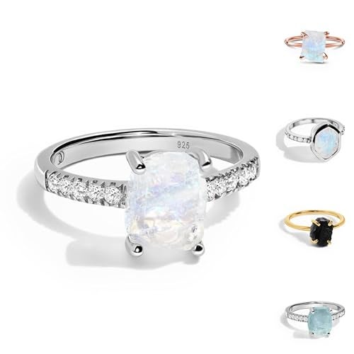 Moon Magic | Authentic Rainbow Moonstone Ring | Amethyst, Rose Quartz, Aquamarine, Moonstone Rings for women | Real 925 Sterling Silver | 18K Rose Gold Raw Crystal Rings for Women | Genuine Jewelry - Image 1