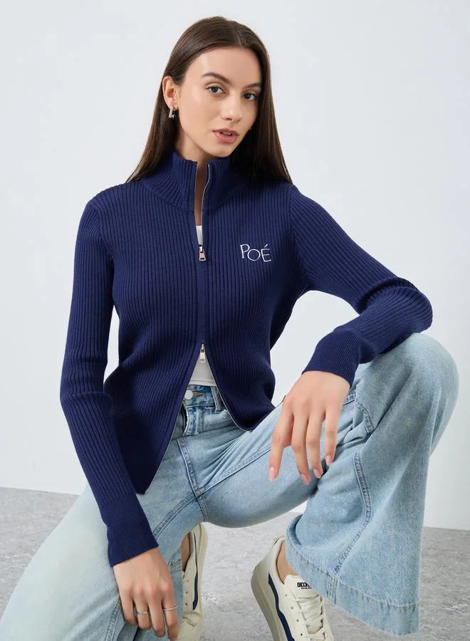 Take Two Take Two Solid High Neck Zip Up Knitted Top