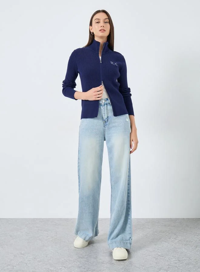 Take Two Take Two Solid High Neck Zip Up Knitted Top