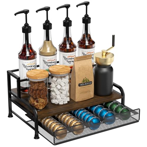PONEYA Coffee Syrup Rack Organizer, 3-Tier 8 Bottles Syrup Rack with Pod Holder Drawer for Nespresso Pods, Holds up to 30 Big or 40 Small Capsules, Countertop Coffee Bar Organizer for Kitchen Cafe - Image 1