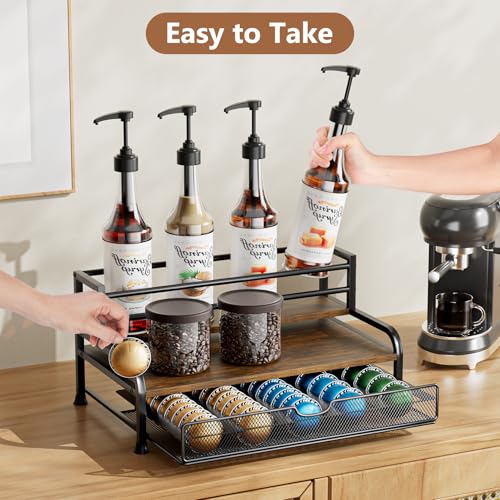 PONEYA Coffee Syrup Rack Organizer, 3-Tier 8 Bottles Syrup Rack with Pod Holder Drawer for Nespresso Pods, Holds up to 30 Big or 40 Small Capsules, Countertop Coffee Bar Organizer for Kitchen Cafe - Image 2