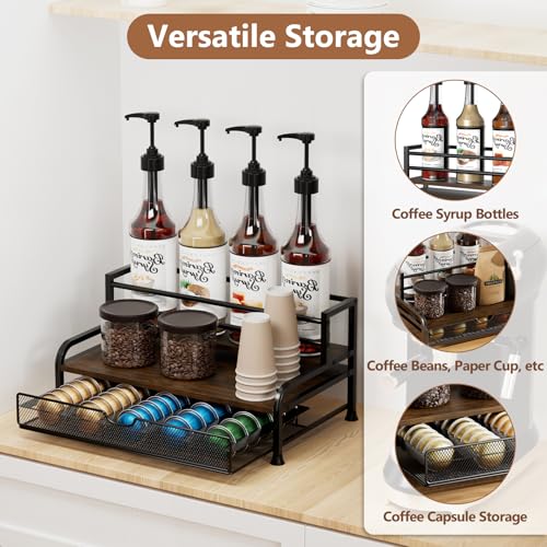PONEYA Coffee Syrup Rack Organizer, 3-Tier 8 Bottles Syrup Rack with Pod Holder Drawer for Nespresso Pods, Holds up to 30 Big or 40 Small Capsules, Countertop Coffee Bar Organizer for Kitchen Cafe - Image 5