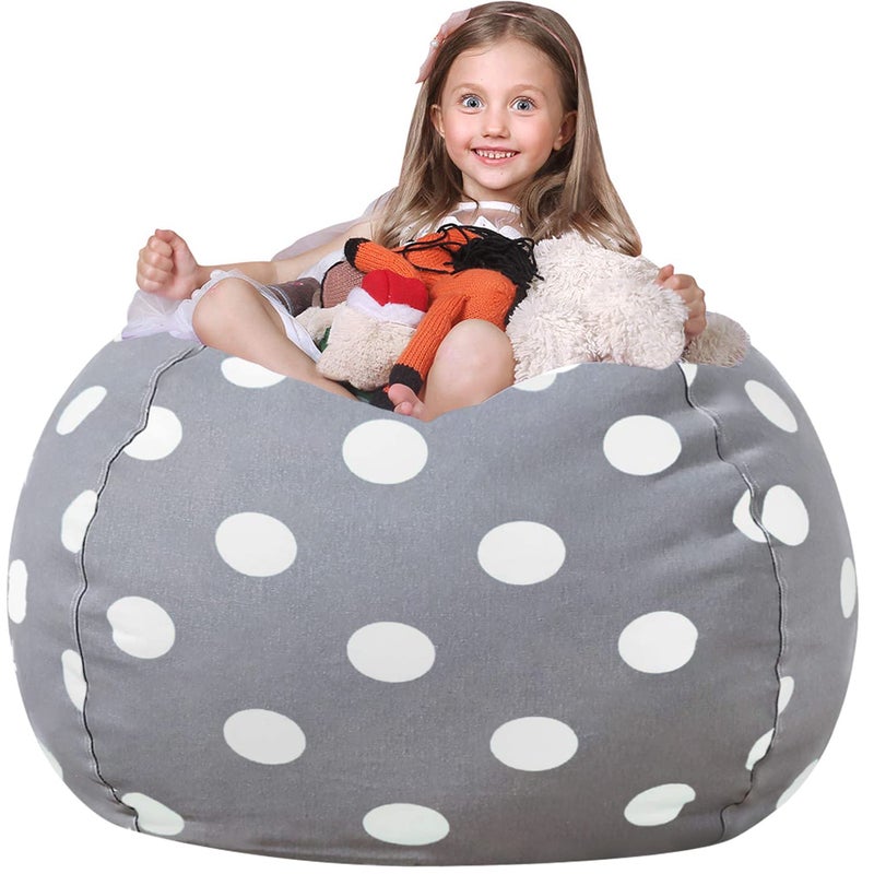 WEKAPO Stuffed Animal Storage Bean Bag Chair Cover for Kids Stuffable Zipper Beanbag for Organizing Children Plush Toys Large Premium Cotton Canvas Gray Dot XXLarge