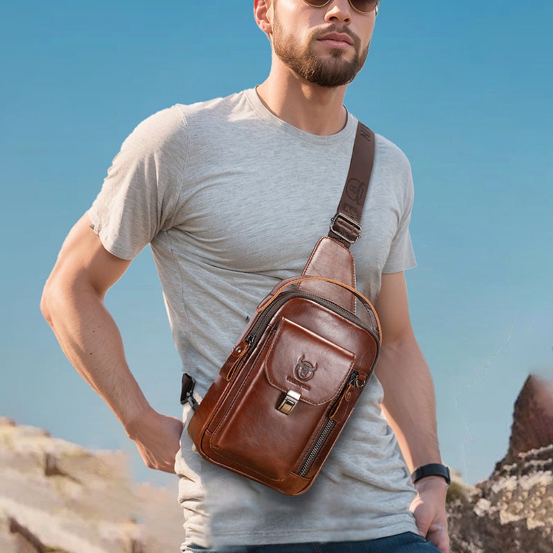 Genuine Leather Sling Bag for Men and Women Crossbody Shoulder Chest Day Pack Outdoor Travel Camping Daypack Leather Backpack for Men - Image 2
