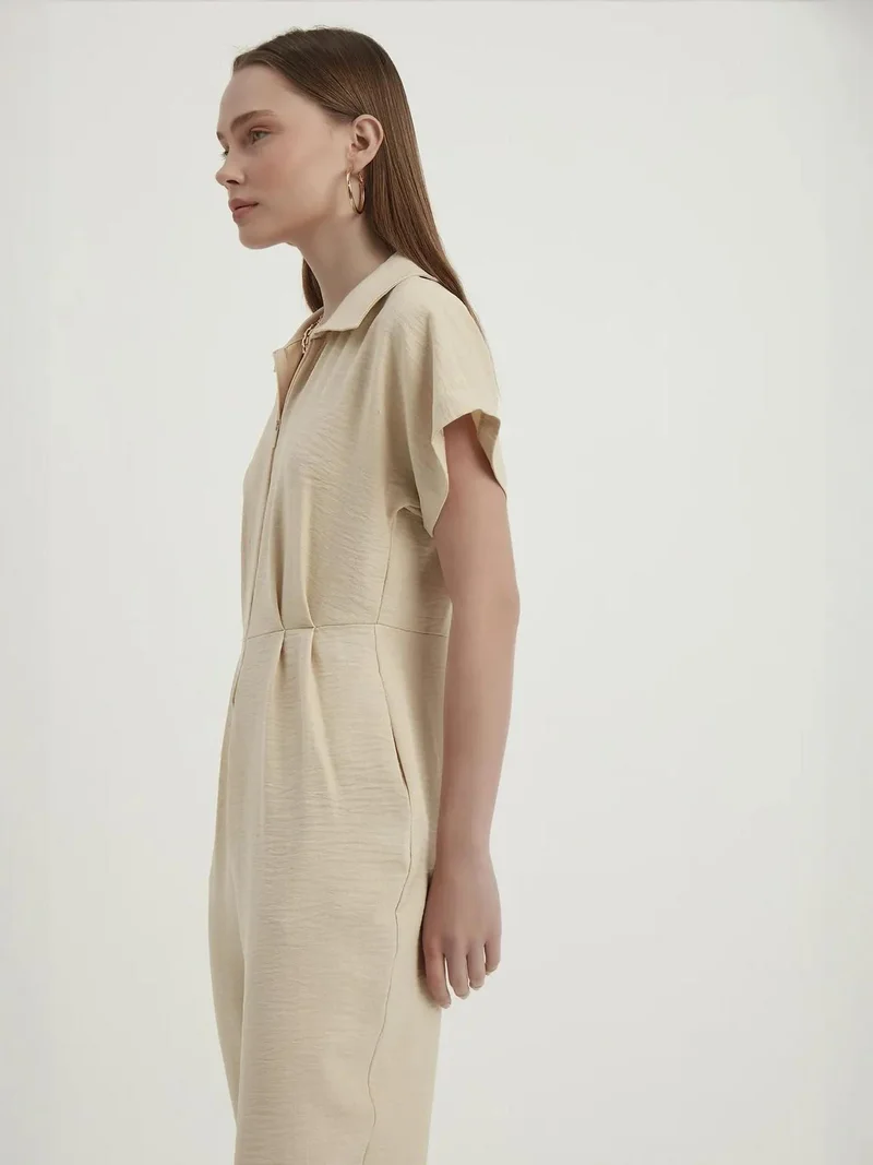 HICCUP  Polo Neck Pleated Short Sleeve Straight Leg Jumpsuit for Women | Best Price UAE