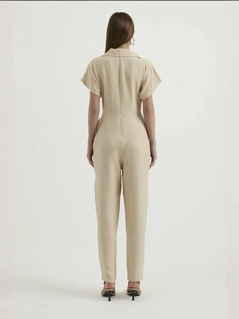 HICCUP  Polo Neck Pleated Short Sleeve Straight Leg Jumpsuit for Women | Best Price UAE
