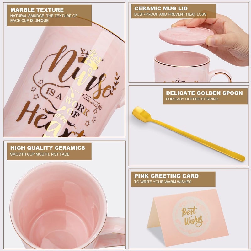 ALBISS Multi-purpose Best Nurse Gifts for Women, 14oz Pink Marble Gold Print Mug Gifts for Her with Cup Lid，Spoon & Gift Box for Christmas Birthday Thank You Gift Present for Nursing School Student Graduation Nurses Day Flexible anti-break - Image 3