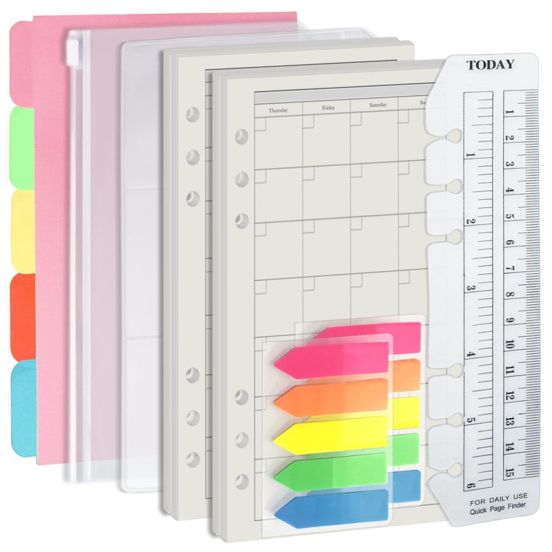 Harphia A6 6 Holes Binder Refill Value Set, 90Sheets Monthly Planner Insert, 5 Sheets Divider Paper, Today ruler With Inch Unit, Translucent Zipper Bag, Pvc Card Bag, 200Pcs Colorful Index Stickers - Image 1