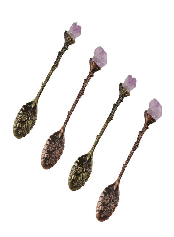 Kopida 4 Pcs Purple Crystal Coffee Spoons Alloy Spoon Vintage Carved Coffee Spoon Tea Spoons Decorative Dessert Spoons for Cafe Bar Tableware - Image 1