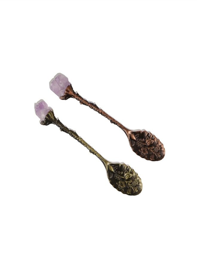 Kopida 4 Pcs Purple Crystal Coffee Spoons Alloy Spoon Vintage Carved Coffee Spoon Tea Spoons Decorative Dessert Spoons for Cafe Bar Tableware - Image 3