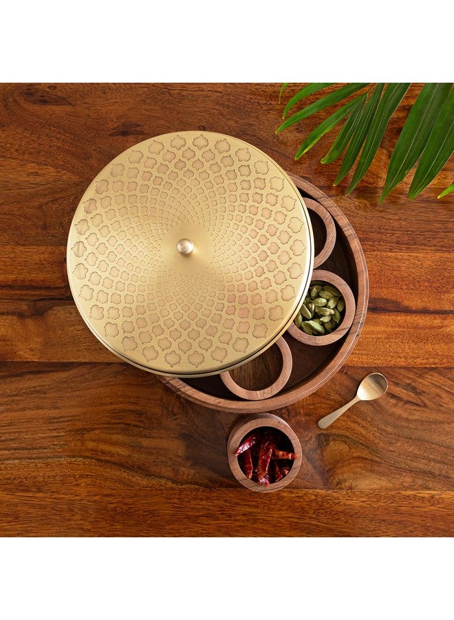 ExclusiveLane 'Mughal Hand-Etched' Brass & Wooden Masala Box For Kitchen Spice Box With Spoon (7 Containers, 48 gram) | Handcrafted Masala Dani Spice Storage Containers Brass Spice Box For Kitchen - Image 1
