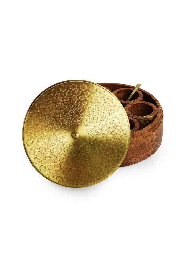 ExclusiveLane 'Mughal Hand-Etched' Brass & Wooden Masala Box For Kitchen Spice Box With Spoon (7 Containers, 48 gram) | Handcrafted Masala Dani Spice Storage Containers Brass Spice Box For Kitchen - Image 3