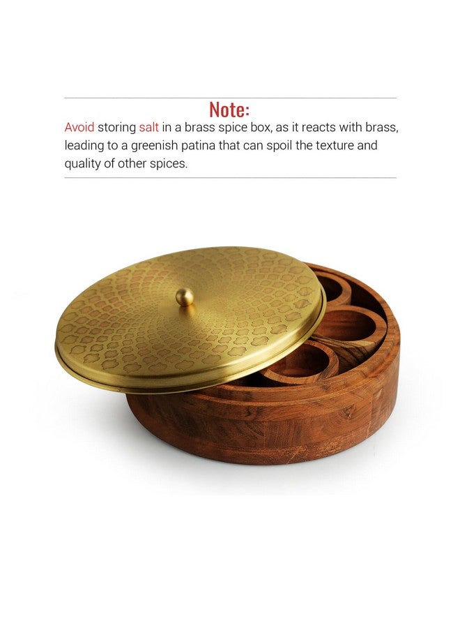 ExclusiveLane 'Mughal Hand-Etched' Brass & Wooden Masala Box For Kitchen Spice Box With Spoon (7 Containers, 48 gram) | Handcrafted Masala Dani Spice Storage Containers Brass Spice Box For Kitchen - Image 4