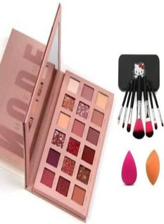 JAAYANSHA Nude Eyeshadow Palette(18 Highly Pigmented Nude Shimmery Matte Colours) And 7 Black Makeup Brushes Set With 2 Multicolour Beauty Blenders, Shimmery Finish - (Pack Of 10) - Image 2