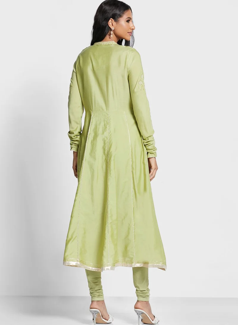 W Green Flared Kurti Set