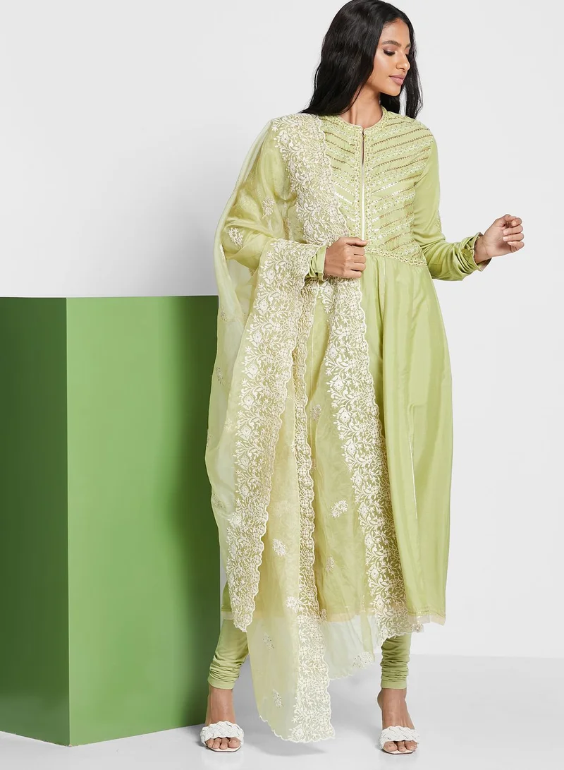 W Green Flared Kurti Set