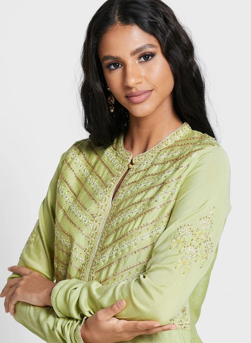W Green Flared Kurti Set