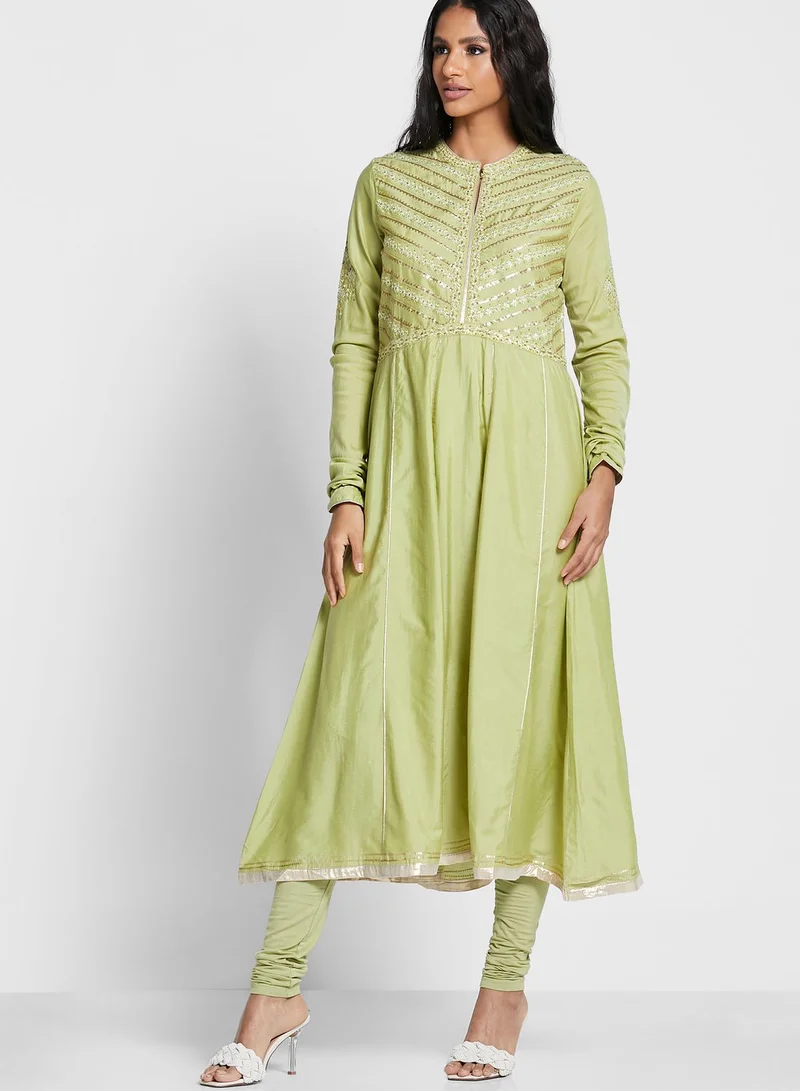 W Green Flared Kurti Set