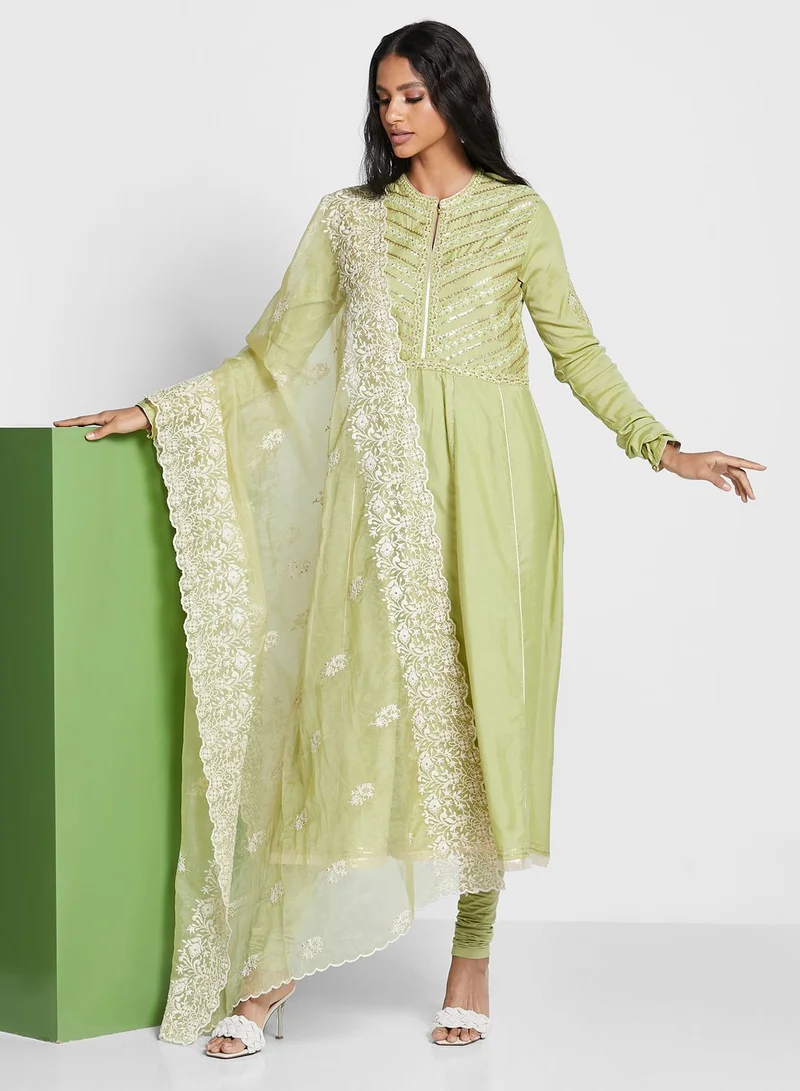 W Green Flared Kurti Set