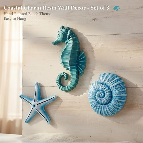 AIM & GGKK 3D Art Ocean Beach Wall Decor Coastal Decorations Sets with Starfish, Seahorse,Conch for Bedroom Bathroom Livingroom Beach House - Image 5