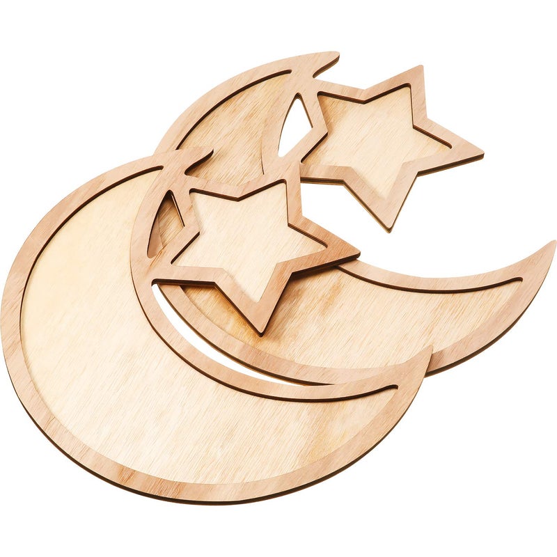 WILLBOND 2 Sets Ramadan Wood Tray Moon Wooden Star Tableware Eid Mubarak Party Serving Tableware for Breakfast Dinner Dessert Pastry Display Holder Decoration Ornament - Image 1