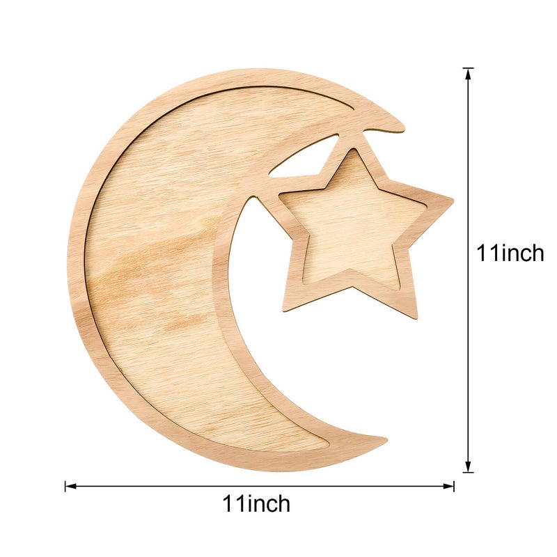 WILLBOND 2 Sets Ramadan Wood Tray Moon Wooden Star Tableware Eid Mubarak Party Serving Tableware for Breakfast Dinner Dessert Pastry Display Holder Decoration Ornament - Image 2