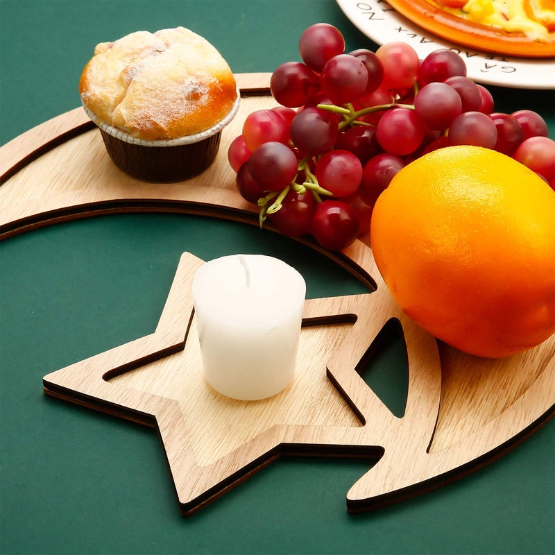 WILLBOND 2 Sets Ramadan Wood Tray Moon Wooden Star Tableware Eid Mubarak Party Serving Tableware for Breakfast Dinner Dessert Pastry Display Holder Decoration Ornament - Image 5