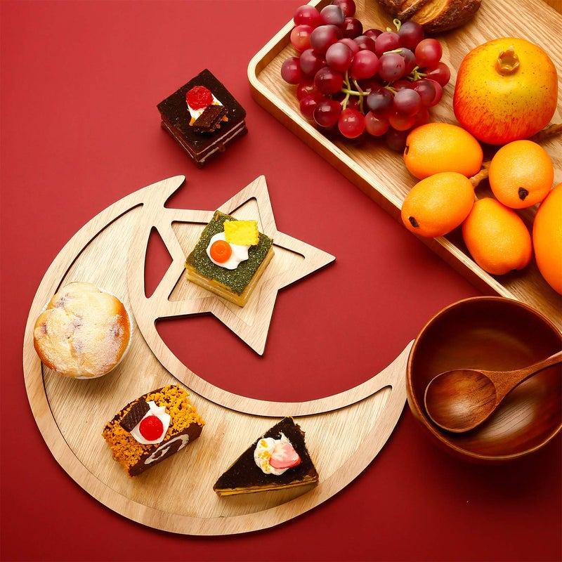 WILLBOND 2 Sets Ramadan Wood Tray Moon Wooden Star Tableware Eid Mubarak Party Serving Tableware for Breakfast Dinner Dessert Pastry Display Holder Decoration Ornament - Image 3