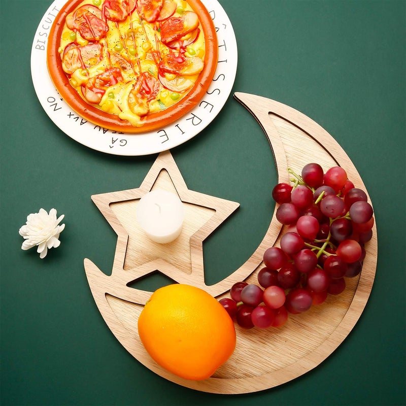 WILLBOND 2 Sets Ramadan Wood Tray Moon Wooden Star Tableware Eid Mubarak Party Serving Tableware for Breakfast Dinner Dessert Pastry Display Holder Decoration Ornament - Image 4