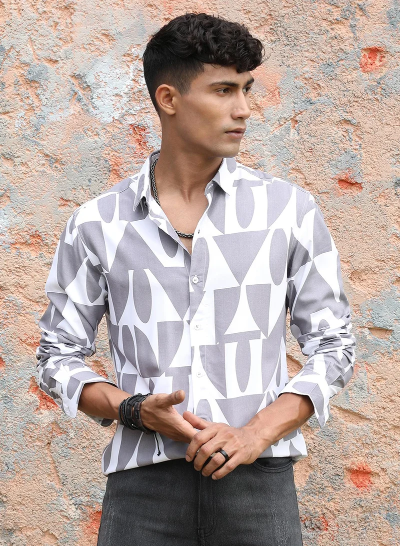 Campus Sutra Campus Sutra Men's Dark Grey & White Abstract Block Shirt For Casual Wear | Spread Collar | Long Sleeve | Button Closure | Heavy Rayon Shirts Crafted With Comfort Fit For Everyday Wear