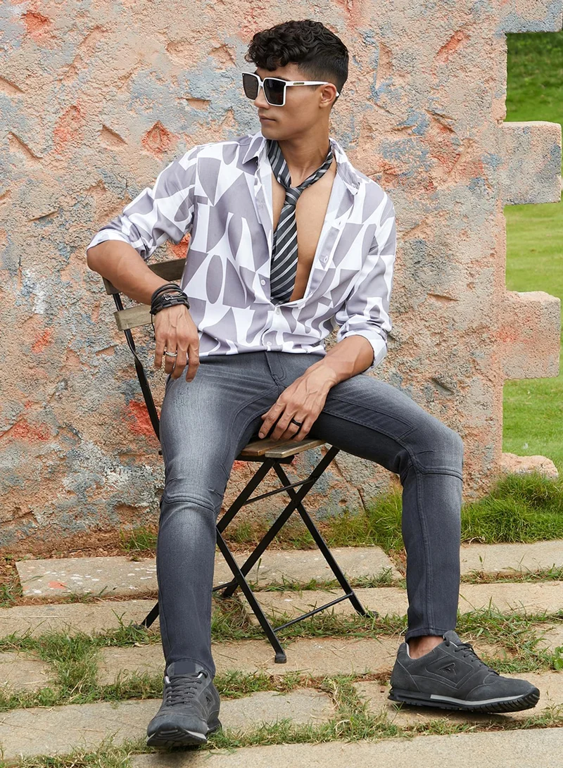 Campus Sutra Campus Sutra Men's Dark Grey & White Abstract Block Shirt For Casual Wear | Spread Collar | Long Sleeve | Button Closure | Heavy Rayon Shirts Crafted With Comfort Fit For Everyday Wear
