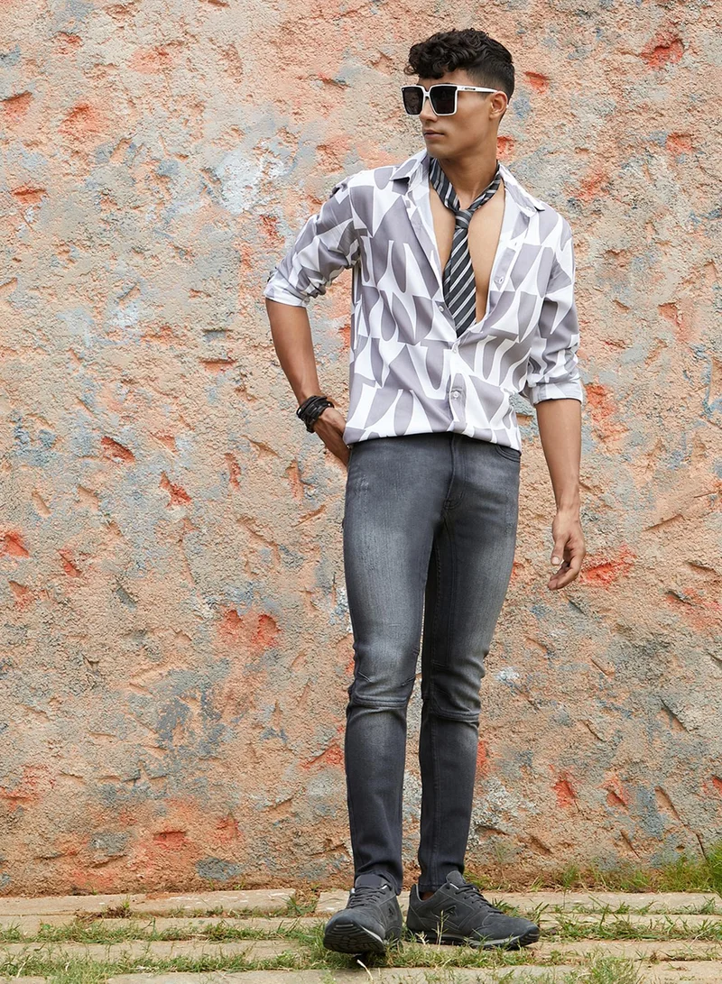 Campus Sutra Campus Sutra Men's Dark Grey & White Abstract Block Shirt For Casual Wear | Spread Collar | Long Sleeve | Button Closure | Heavy Rayon Shirts Crafted With Comfort Fit For Everyday Wear