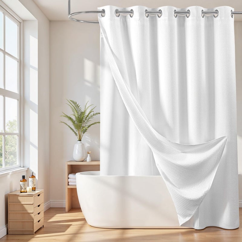 River Dream Cotton Blend No Hook Shower Curtain with Snap in Liner, Hotel Grade Shower Curtains for Bathroom, Water Repellent, White, 71W x74 L - Image 1