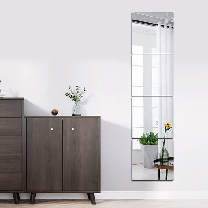 FULL BODY WALL MIRRORS 4PCS 12X12 REMOVABLE ACRYLIC PLEXIGLASS WALLMOUNTED FRAMELESS MIRROR WARDROBE FULL BODYLARGE LONG MIRROR HOME WORKOUT GYM MIRROR FOR WALLS DORM FLOOR TILE SELF ADHESIVE