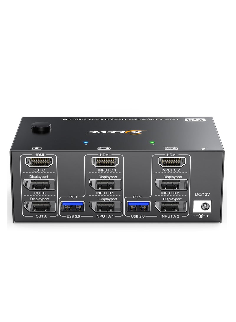 KVM Switch for 3 Monitors and 2 Computers, Supports 8K@60Hz & 4K@144Hz, HDMI + 2 DisplayPort, Triple Monitor Sharing, 4 USB 3.0 Ports, Includes Wired Remote & 5 Cables.  - Image 1