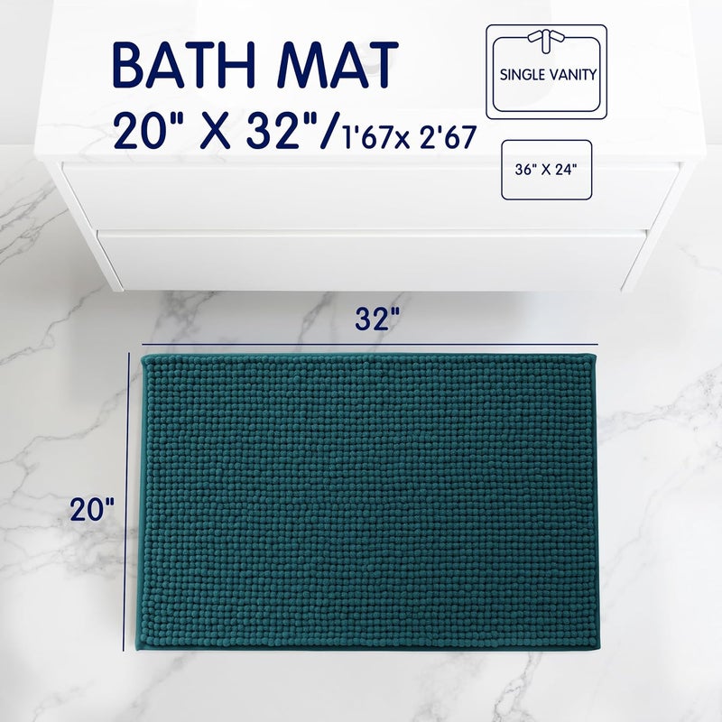 subrtex Bathroom Rugs, 20" x 32" Chenille Bath Rug Soft Short Plush Bath Mat Soft Shower Mat Water Absorbent Shower Mat Quick Dry Machine Washable, Teal - Image 3