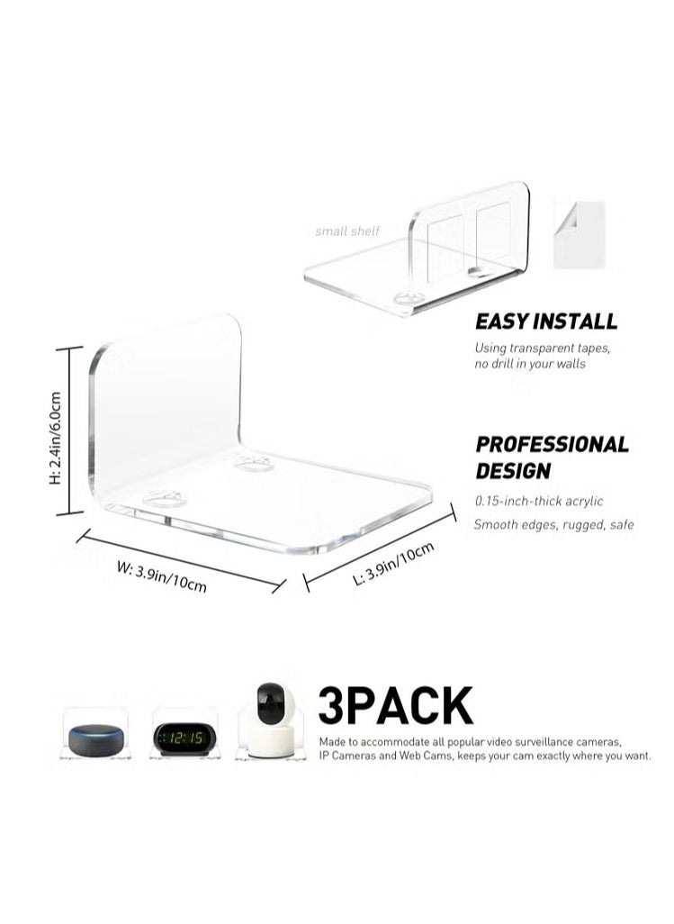 XiuWoo - Acrylic Floating Wall Shelves Set of 3 for Security Cameras Baby Monitors Speakers Universal Small No Drilling Wall Shelf with Cable Clips and 10 Piece Strong Tapes - Image 1