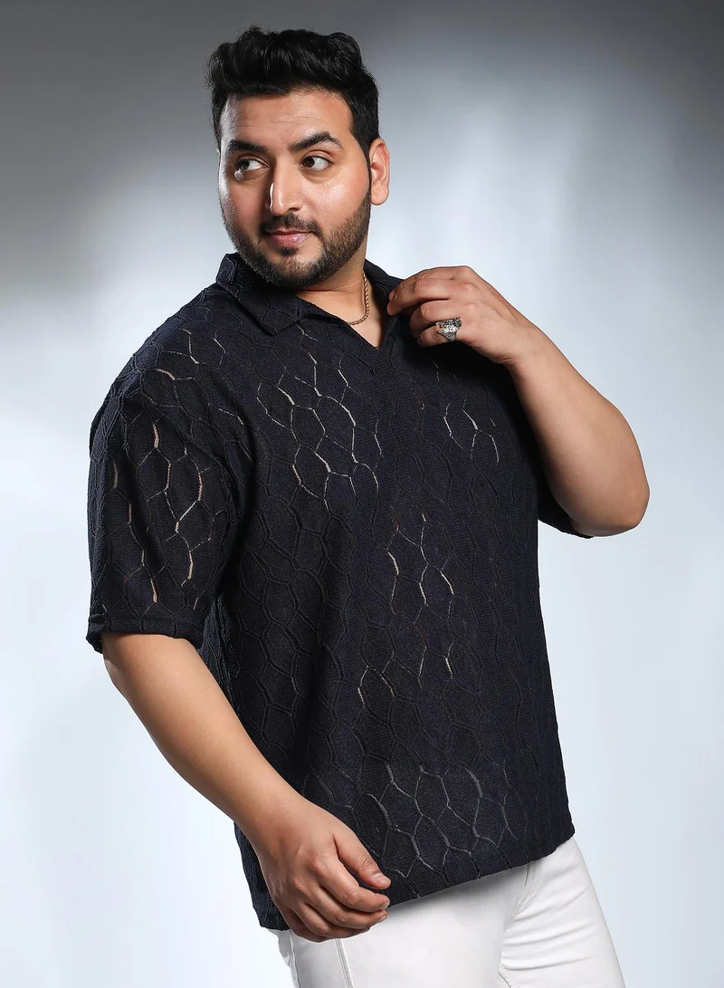 Instafab Plus Instafab Plus Men's Navy Blue Honeycomb-Knit Polo T-Shirt For Casual Wear | Polo Neck | Short Regular Sleeves | Pull On Closure | Plus Size T-Shirt Crafted With Comfort Fit For Everyday Wear
