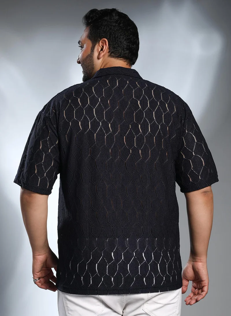 Instafab Plus Instafab Plus Men's Navy Blue Honeycomb-Knit Polo T-Shirt For Casual Wear | Polo Neck | Short Regular Sleeves | Pull On Closure | Plus Size T-Shirt Crafted With Comfort Fit For Everyday Wear
