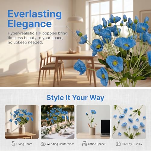 ATFL Blue Poppy Flowers Artificial for Wedding Decorations,12 Pcs Fake Faux Silk Poppies Bulk for Home Decor Table Centerpieces Floral Arrangement(23.5‘’, Blue) - Image 5