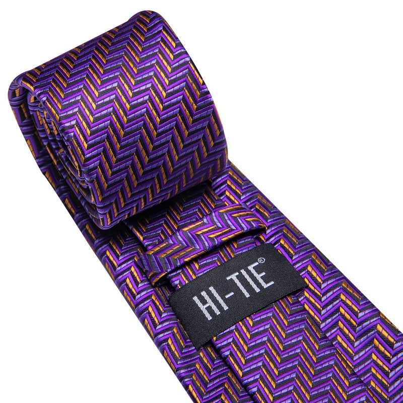 Hi-Tie Purple and Gold Extra Long Ties for Men 70 inches XXL Necktie Silk Pocket Square Cufflinks for Big and Tall Men Business Wedding - Image 4