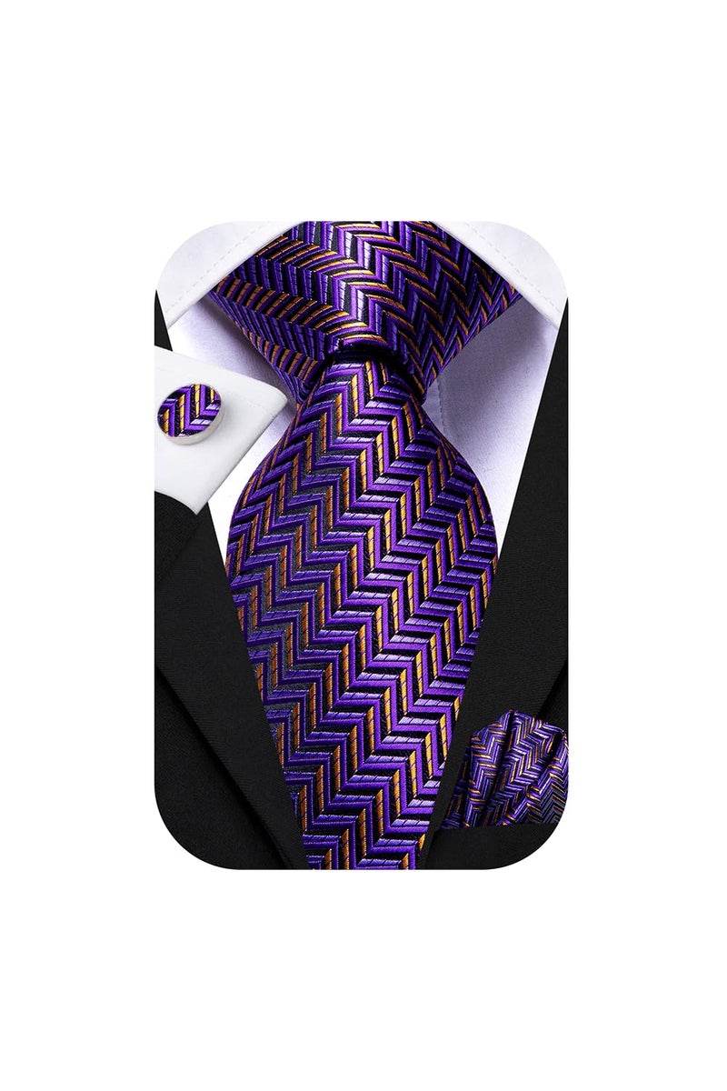 Hi-Tie Purple and Gold Extra Long Ties for Men 70 inches XXL Necktie Silk Pocket Square Cufflinks for Big and Tall Men Business Wedding - Image 1