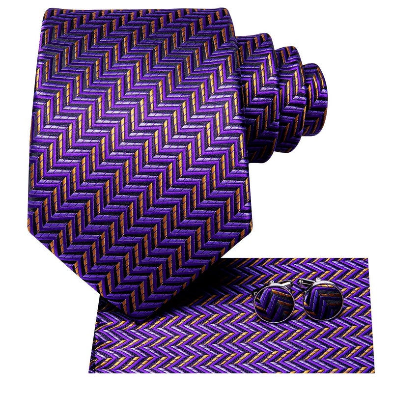 Hi-Tie Purple and Gold Extra Long Ties for Men 70 inches XXL Necktie Silk Pocket Square Cufflinks for Big and Tall Men Business Wedding - Image 3