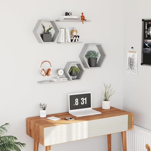 EXPRESSOW ENTERPRISES Wooden Floating Wall Shelves Wall Mounted - Set of 6 Hexagon Shelves Display for Photos, Plants, Honeycomb Shelves for Living Room, Bedroom, Bathroom, Kitchen, Office (Grey) - Image 5