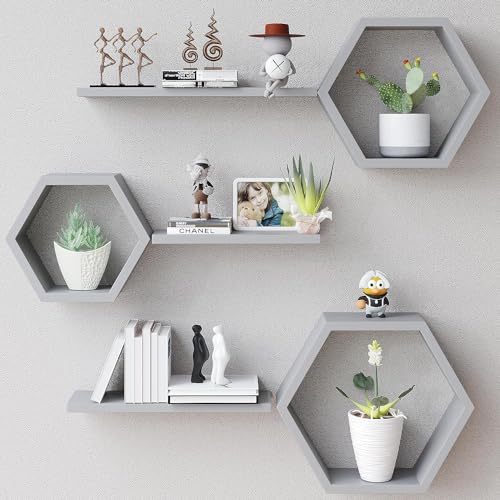 EXPRESSOW ENTERPRISES Wooden Floating Wall Shelves Wall Mounted - Set of 6 Hexagon Shelves Display for Photos, Plants, Honeycomb Shelves for Living Room, Bedroom, Bathroom, Kitchen, Office (Grey) - Image 1