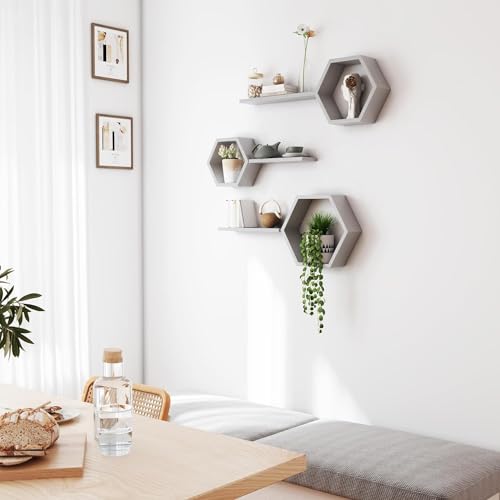 EXPRESSOW ENTERPRISES Wooden Floating Wall Shelves Wall Mounted - Set of 6 Hexagon Shelves Display for Photos, Plants, Honeycomb Shelves for Living Room, Bedroom, Bathroom, Kitchen, Office (Grey) - Image 3