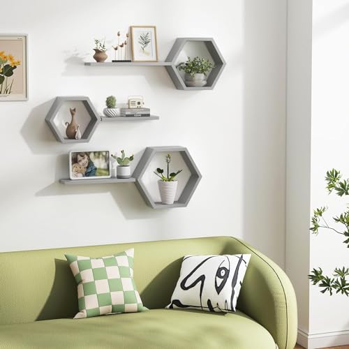 EXPRESSOW ENTERPRISES Wooden Floating Wall Shelves Wall Mounted - Set of 6 Hexagon Shelves Display for Photos, Plants, Honeycomb Shelves for Living Room, Bedroom, Bathroom, Kitchen, Office (Grey) - Image 2